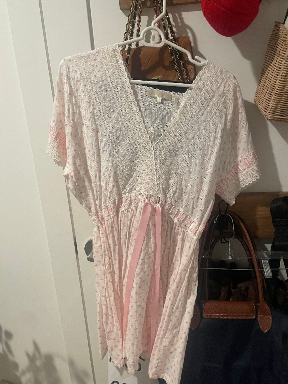 LoveShackFancy Iona Mini Night Gown, Pink Dot Print, Like New